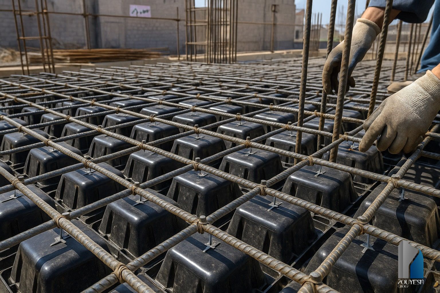 عکس از آرماتوربندی کامل روی قالب وافل با اسپیسر